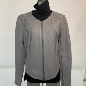 Soft Gray H by Halston Leather Moto Jacket with Knit Sides for Comfort, Size 14